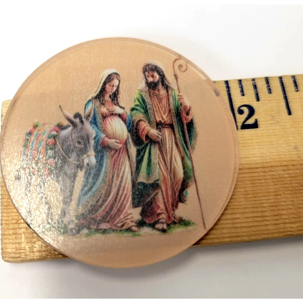 Rustic Christmas Nativity Holy Family Pin Back‎ Button Mary Donkey Joseph New